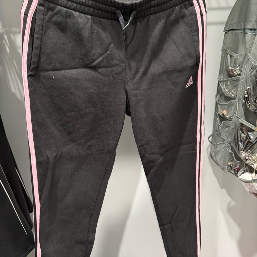 Adidas Black Joggers with Pink Stripes